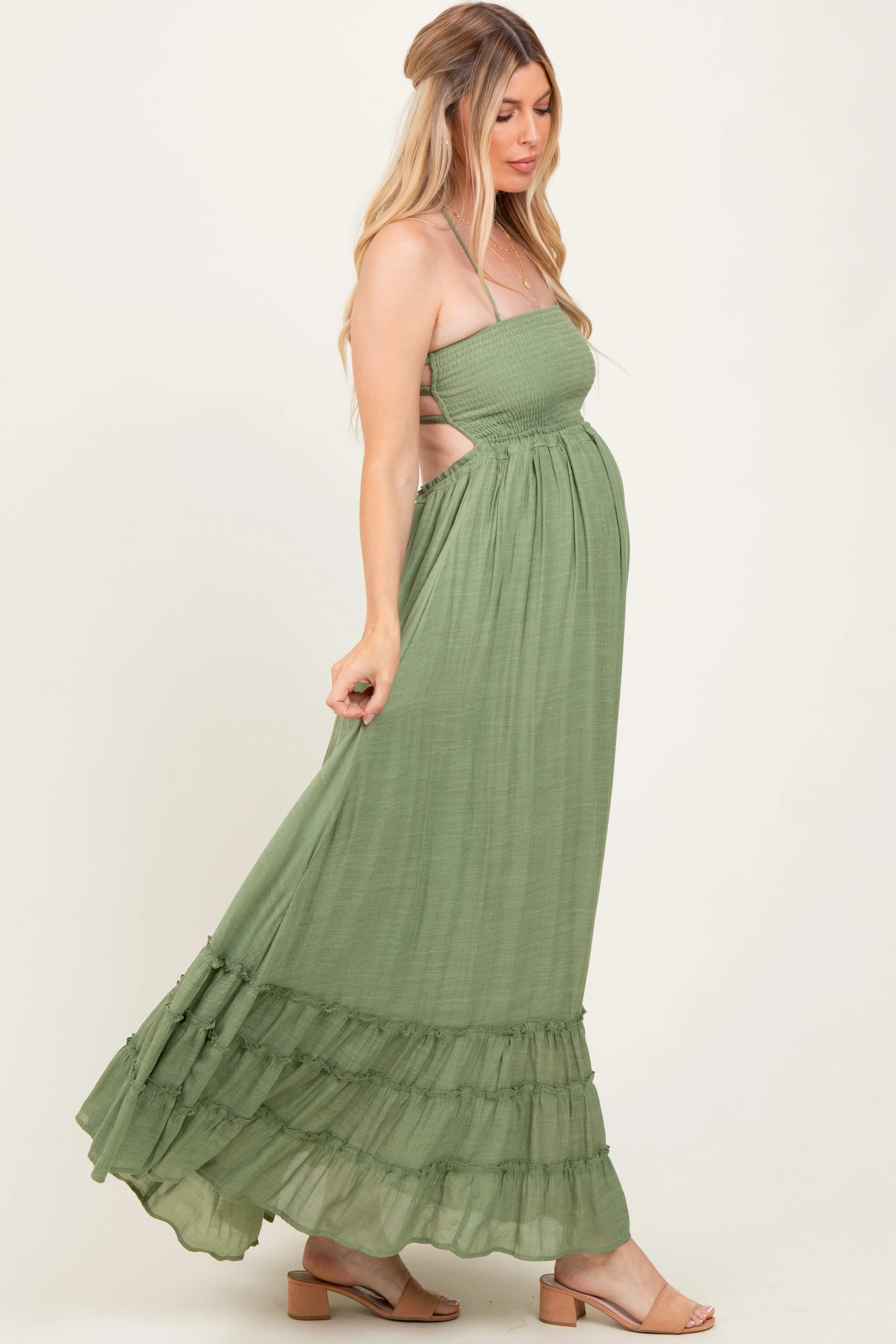 Light Olive Halter Neck Smocked Tiered Hem Maternity Maxi Dress sold by Pinkblush product image thumbnail 3