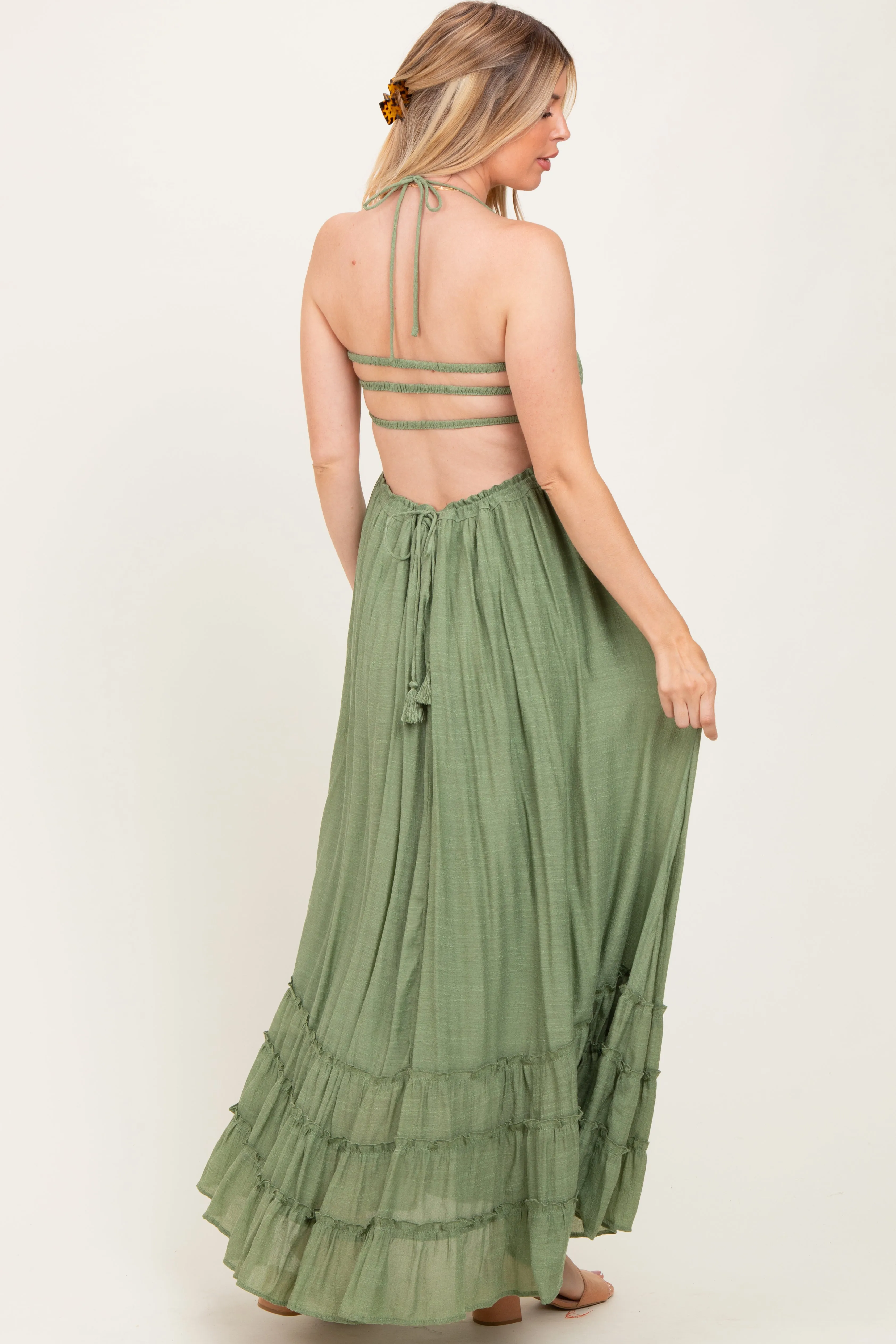 Light Olive Halter Neck Smocked Tiered Hem Maternity Maxi Dress sold by Pinkblush product image thumbnail 4