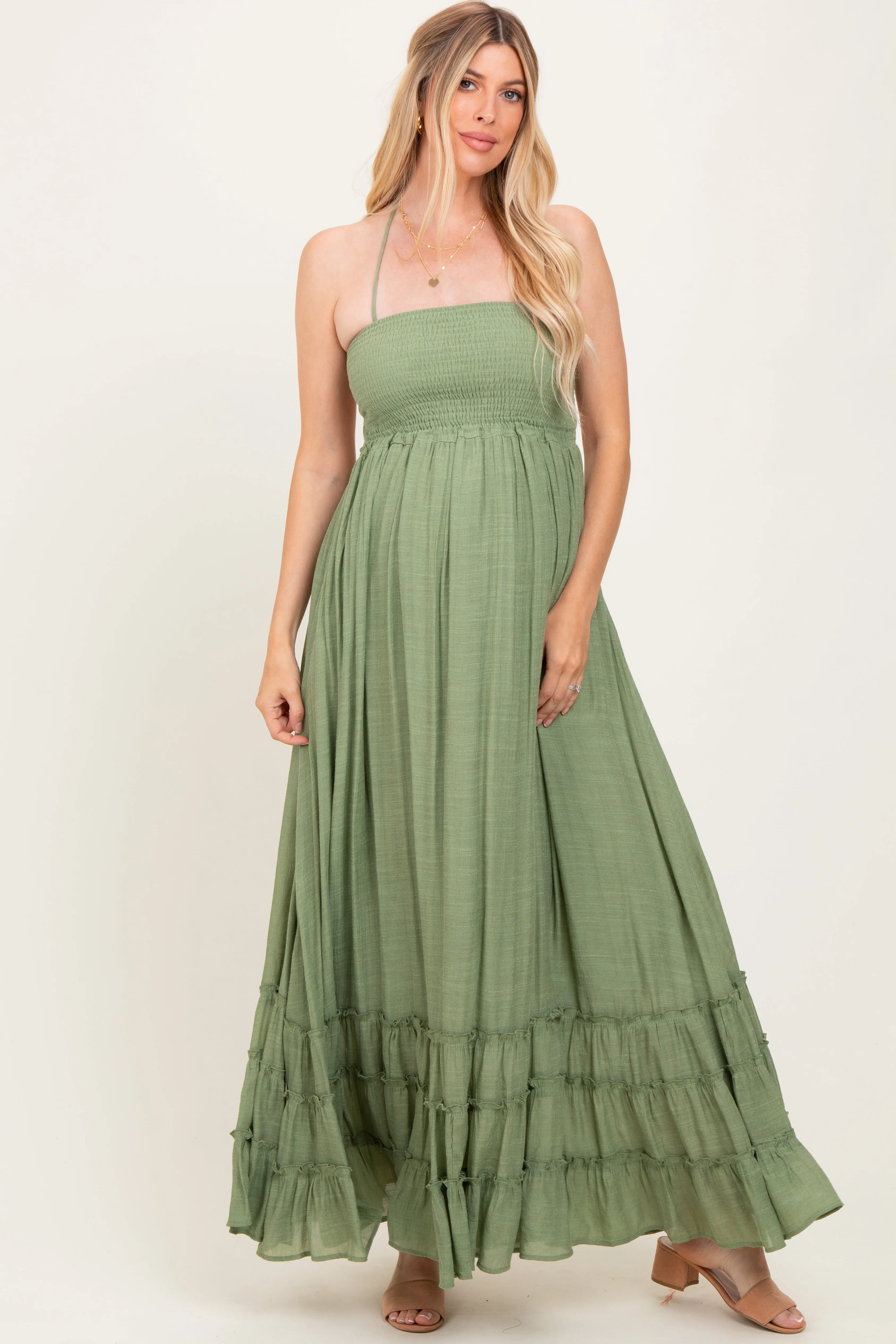 Light Olive Halter Neck Smocked Tiered Hem Maternity Maxi Dress sold by Pinkblush
