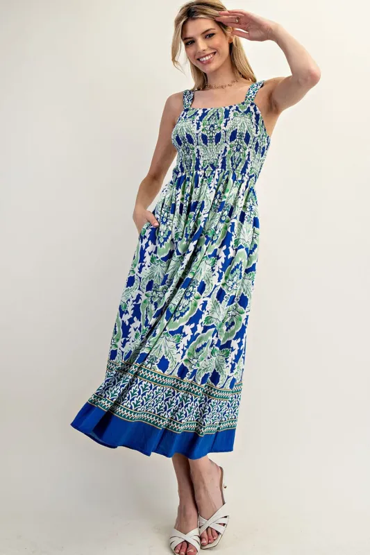 Royal Blue Floral Sleeveless Smocked Midi Dress sold by Pinkblush
