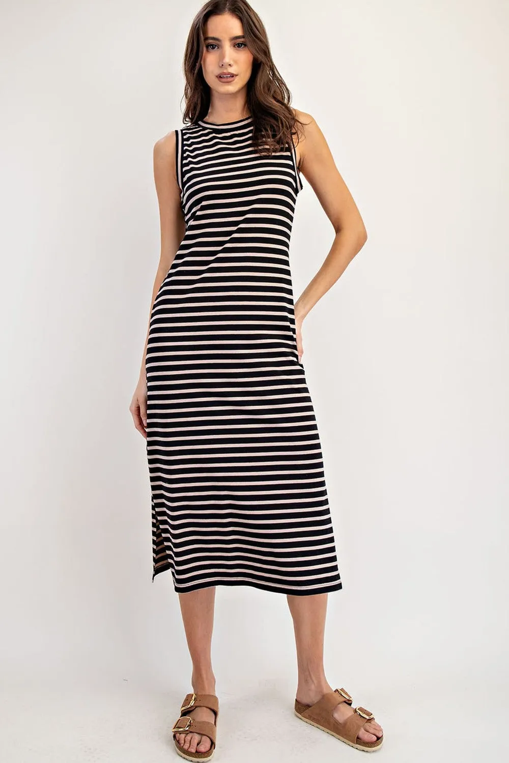 Black Striped Sleeveless Side Slit Midi Dress sold by Pinkblush