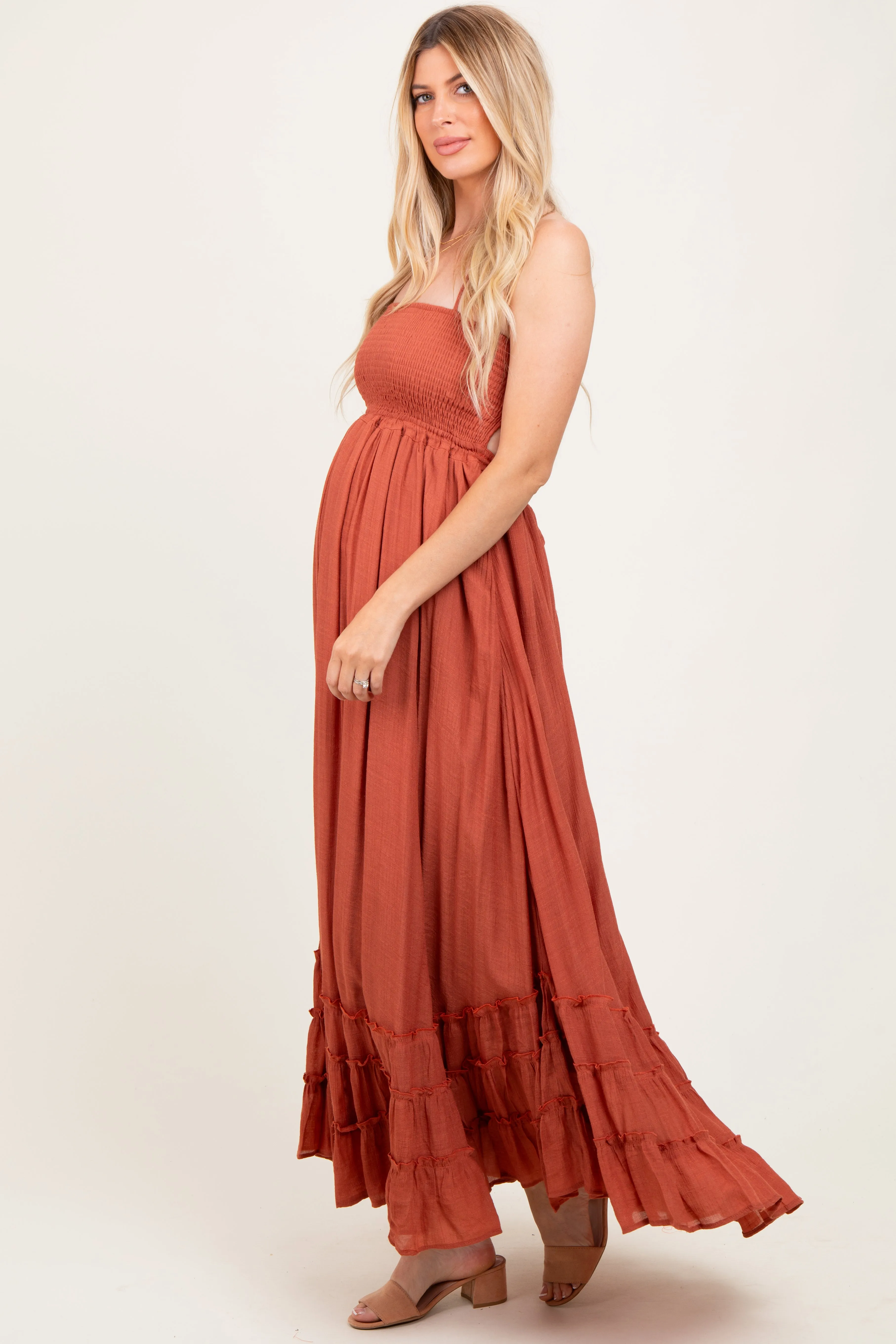 Rust Halter Neck Smocked Tiered Hem Maternity Maxi Dress sold by Pinkblush product image thumbnail 3