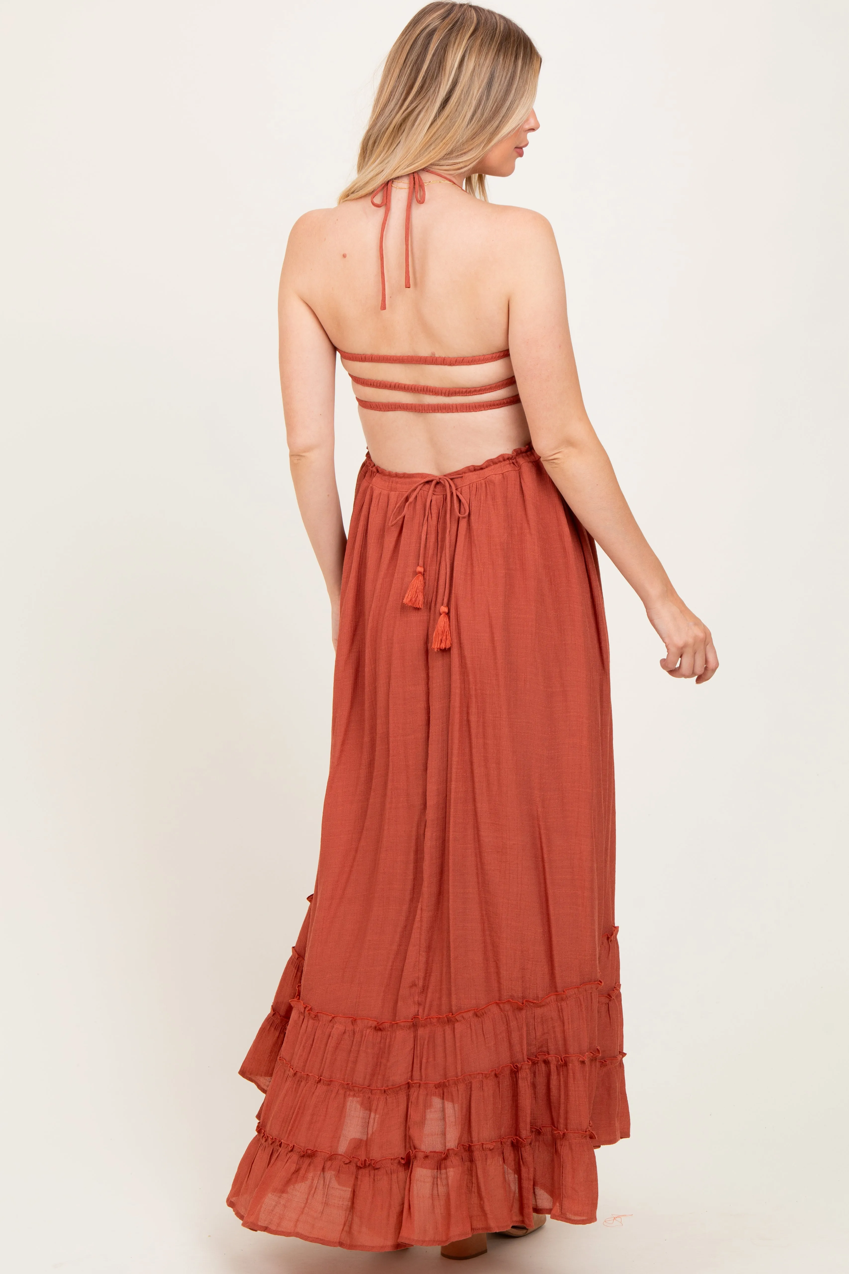 Rust Halter Neck Smocked Tiered Hem Maternity Maxi Dress sold by Pinkblush product image thumbnail 4
