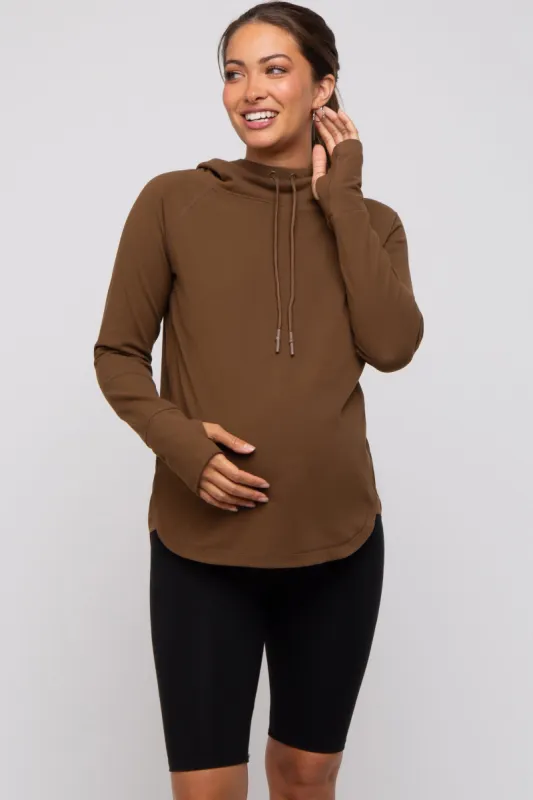 Brown Hooded Long Sleeve Maternity Active Top sold by Pinkblush