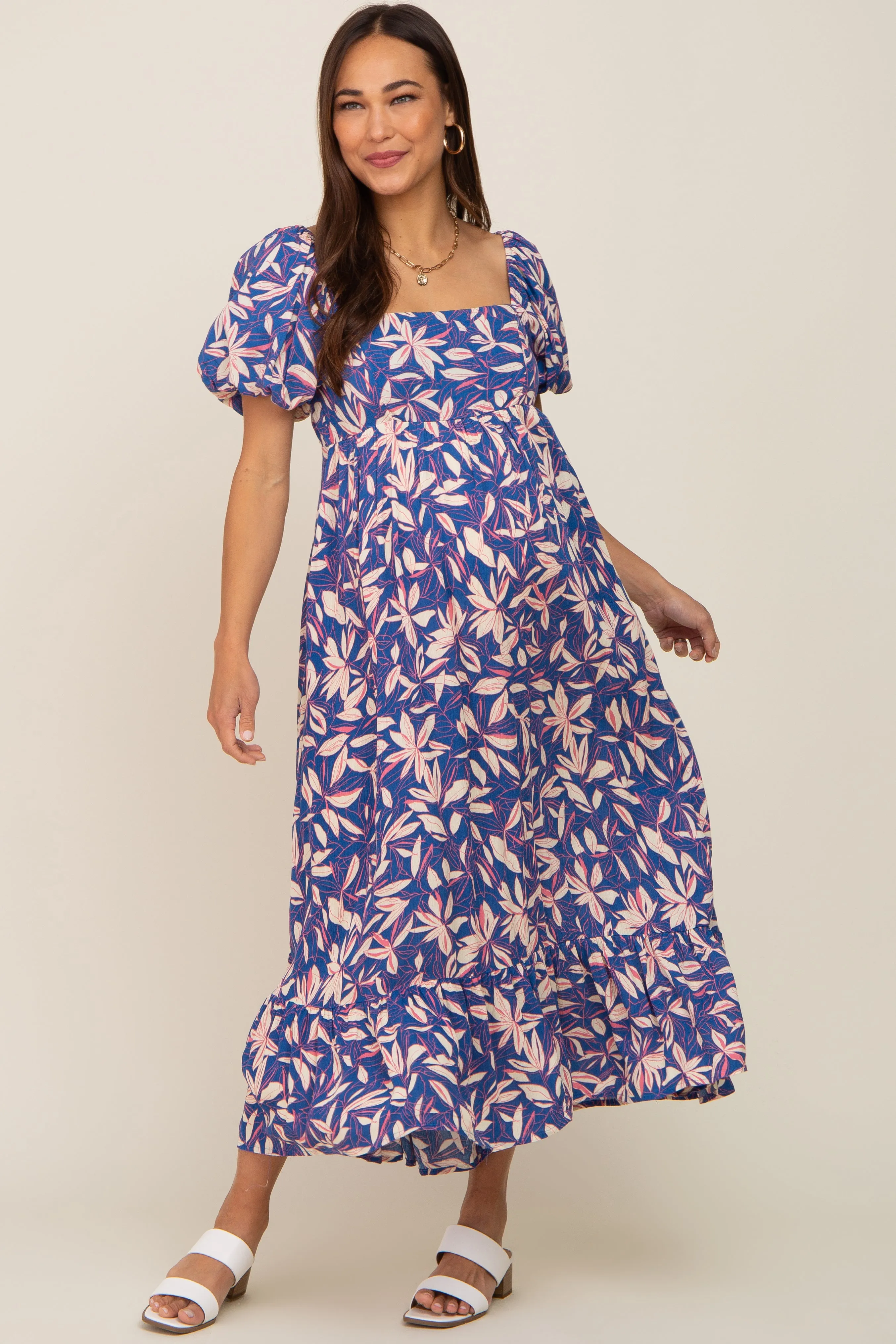 Blue Floral Puff Sleeve Maternity Midi Dress sold by Pinkblush product image thumbnail 2