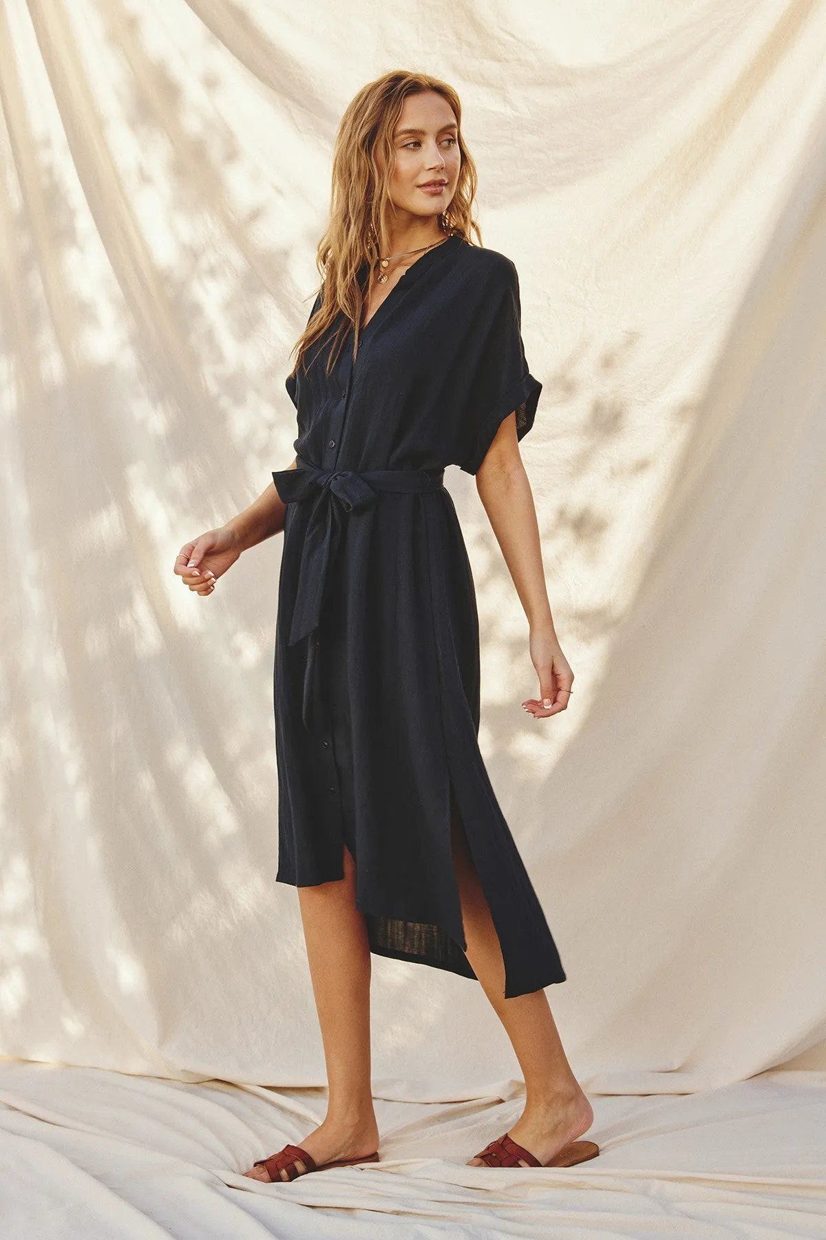 Black Button Down Belted Dolman Sleeve Midi Dress sold by Pinkblush product image thumbnail 2