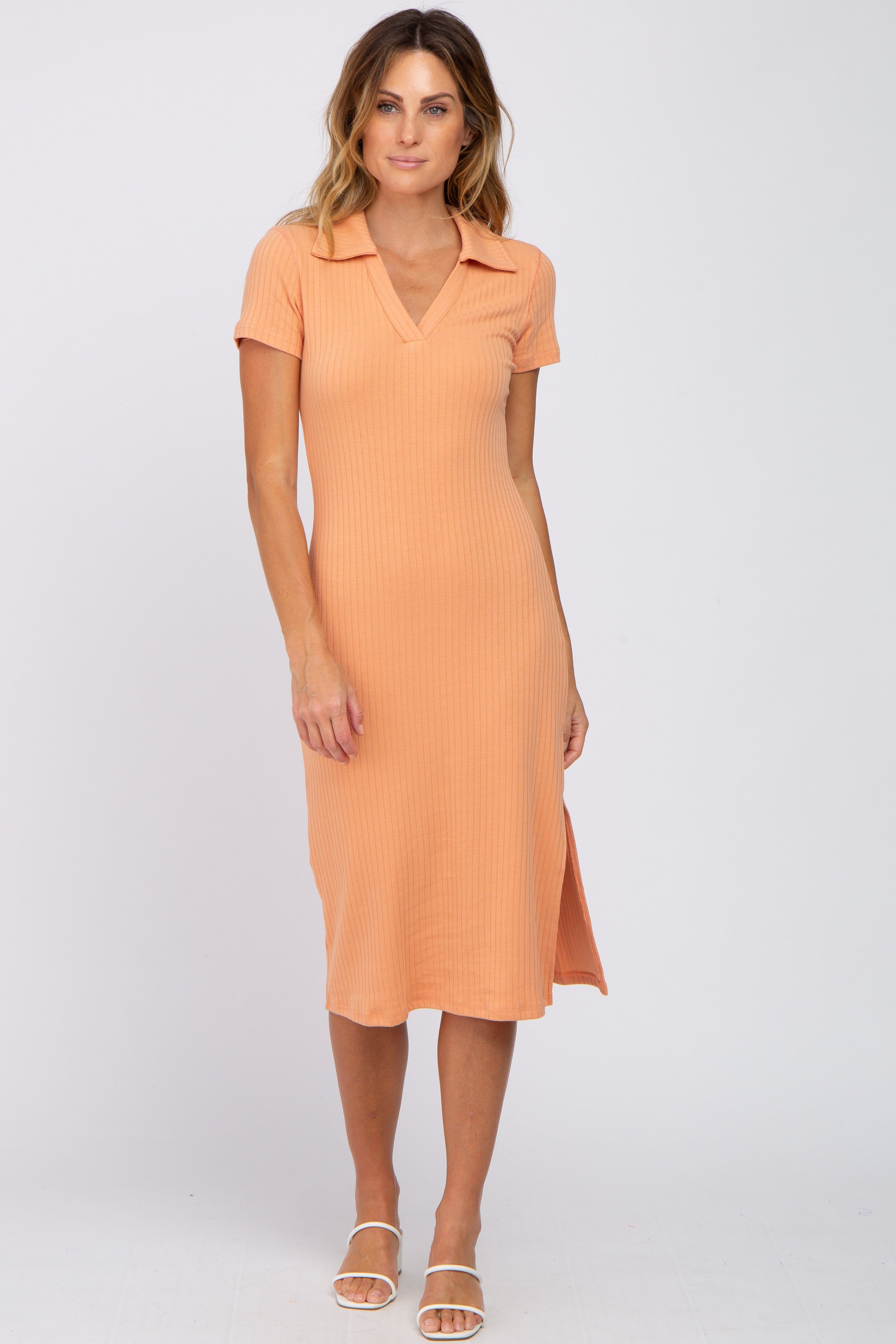 Peach Collared Ribbed Maternity Midi Dress sold by Pinkblush product image thumbnail 5