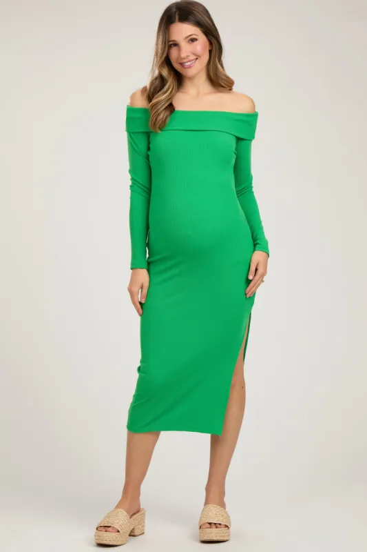 Green Ribbed Off Shoulder Side Slit Maternity Midi Dress sold by Pinkblush