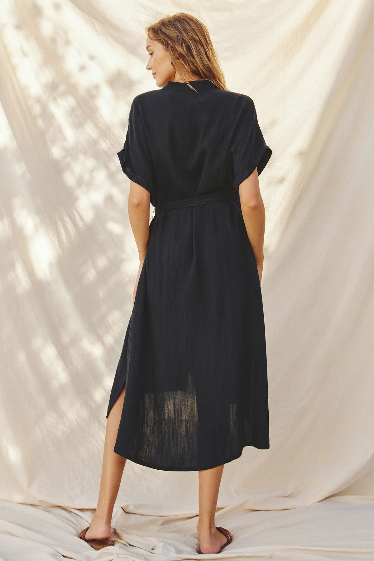 Black Button Down Belted Dolman Sleeve Midi Dress sold by Pinkblush product image thumbnail 3