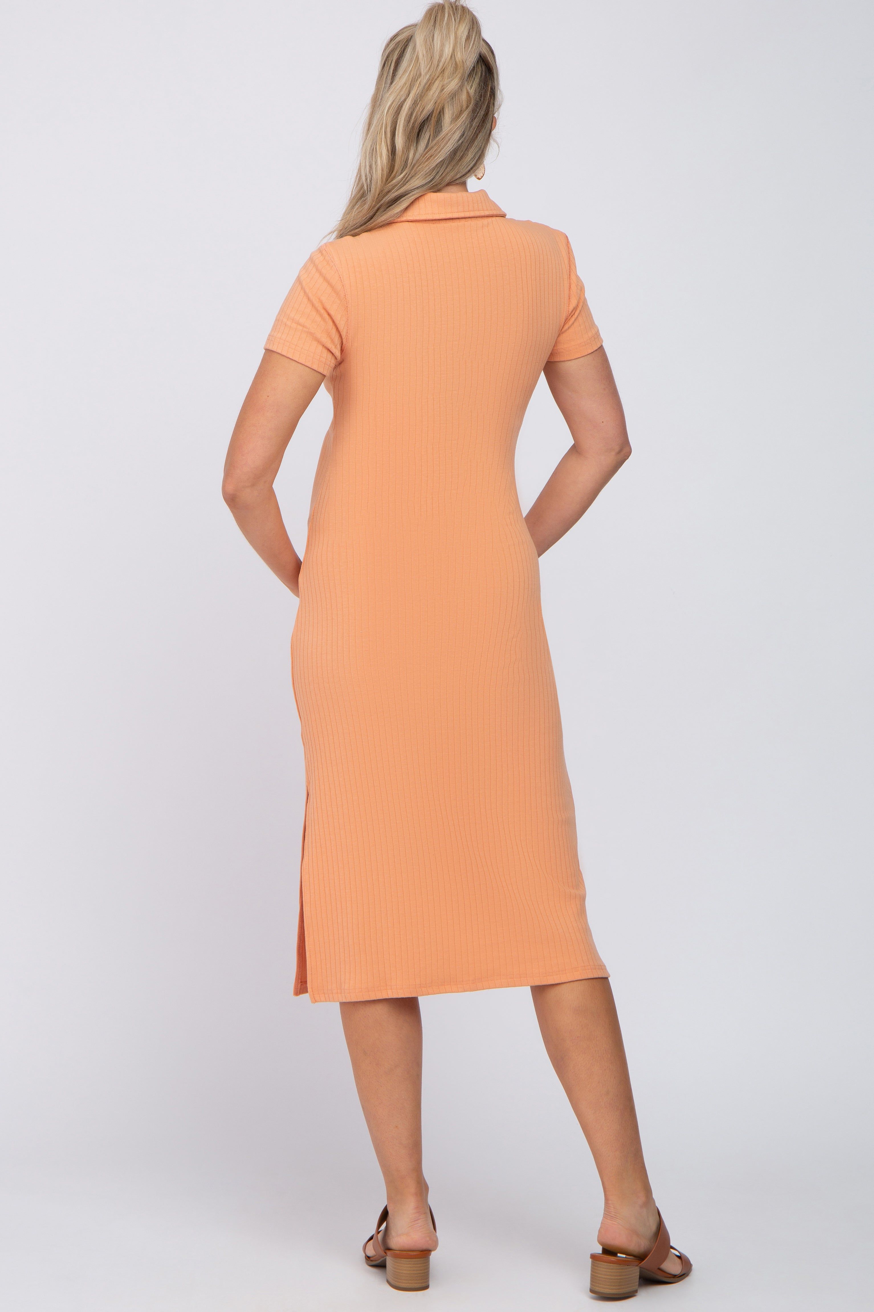 Peach Collared Ribbed Maternity Midi Dress sold by Pinkblush product image thumbnail 3