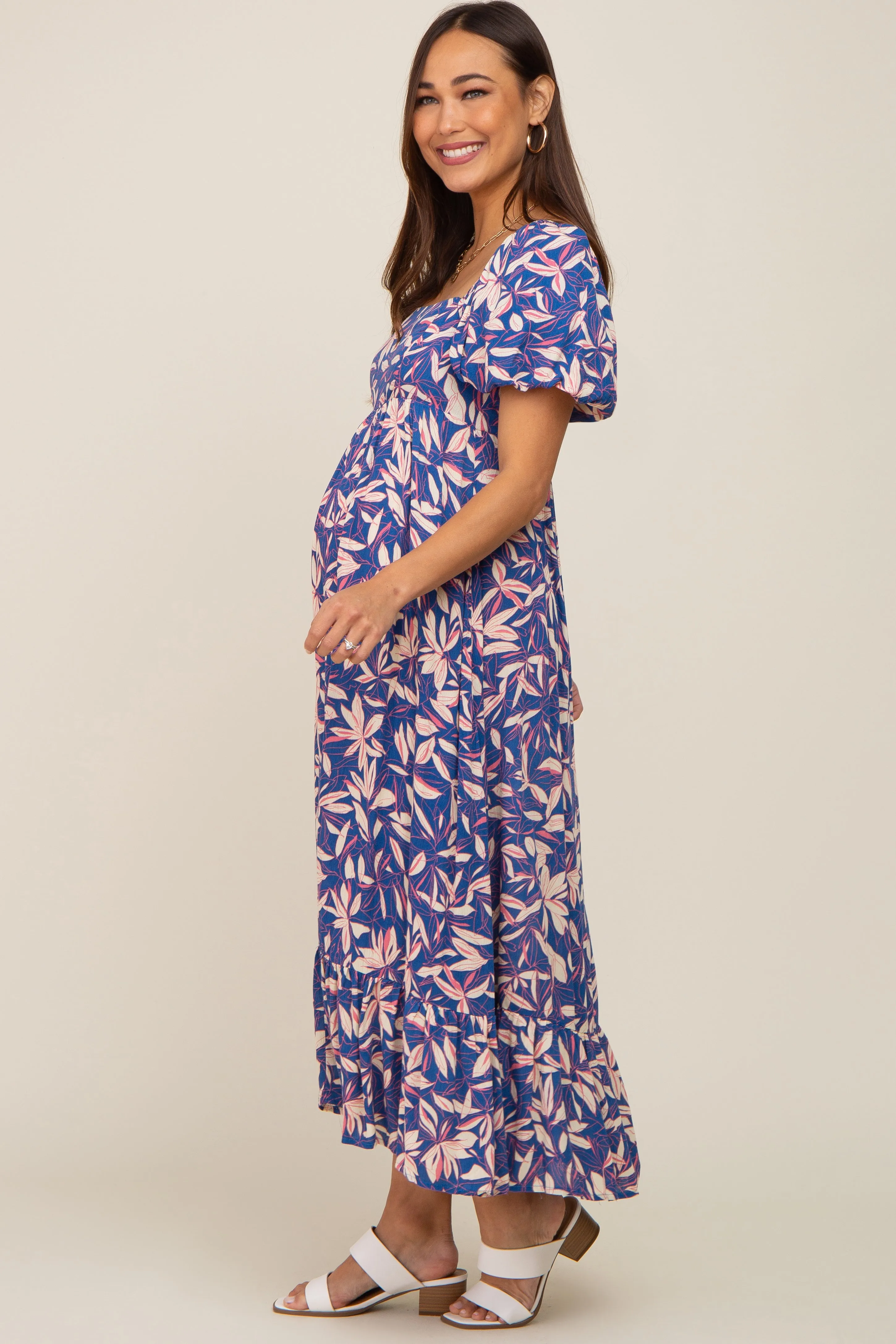Blue Floral Puff Sleeve Maternity Midi Dress sold by Pinkblush product image thumbnail 4