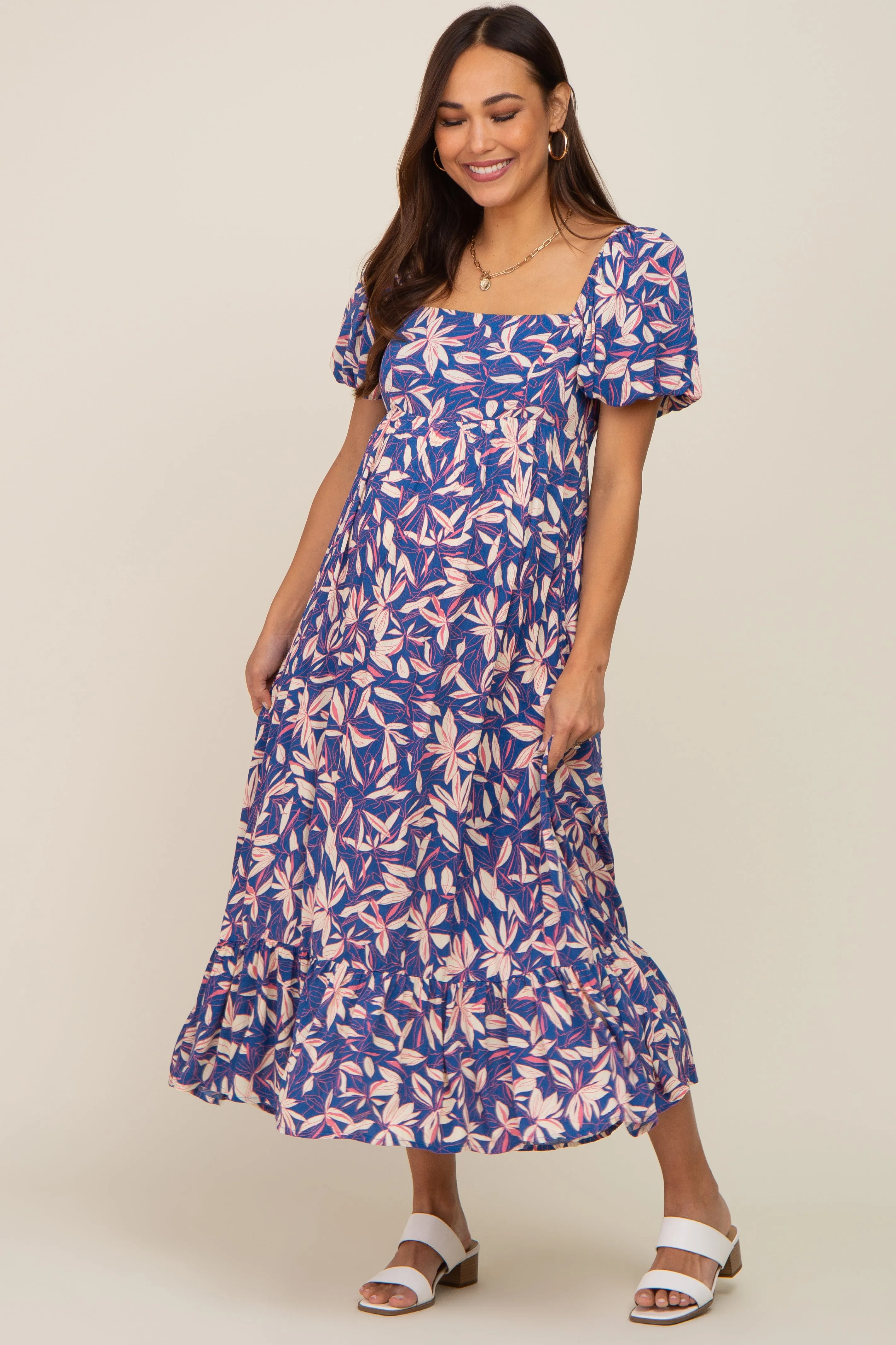 Blue Floral Puff Sleeve Maternity Midi Dress sold by Pinkblush
