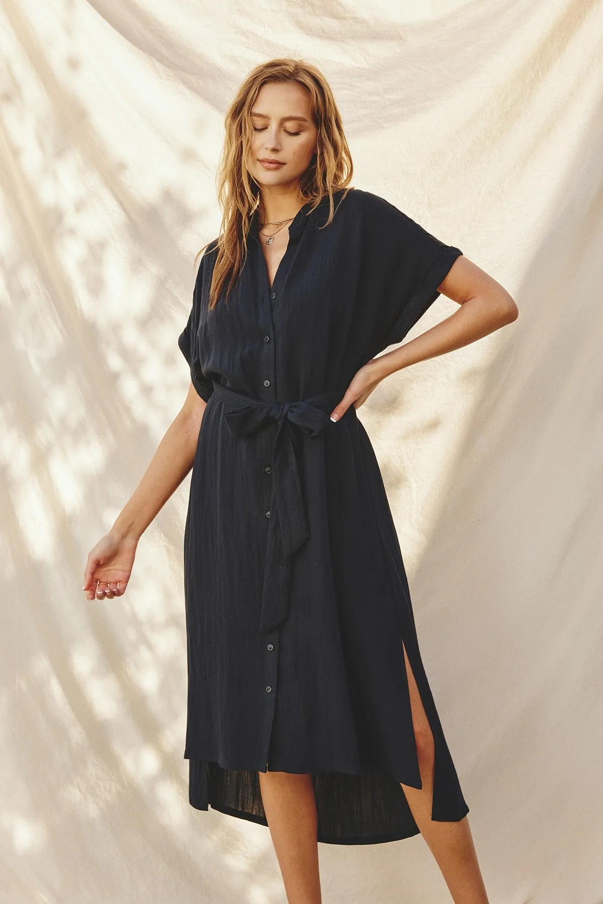 Black Button Down Belted Dolman Sleeve Midi Dress sold by Pinkblush product image thumbnail 4