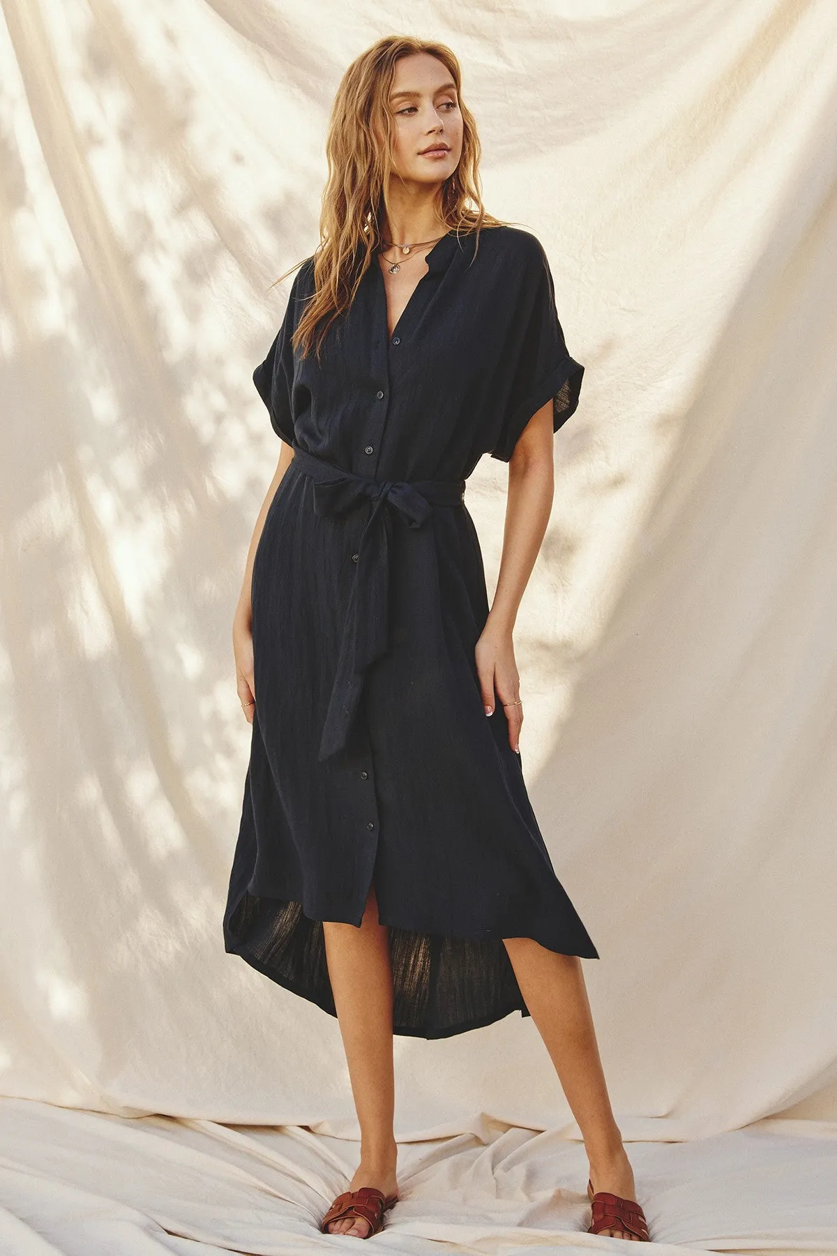 Black Button Down Belted Dolman Sleeve Midi Dress sold by Pinkblush