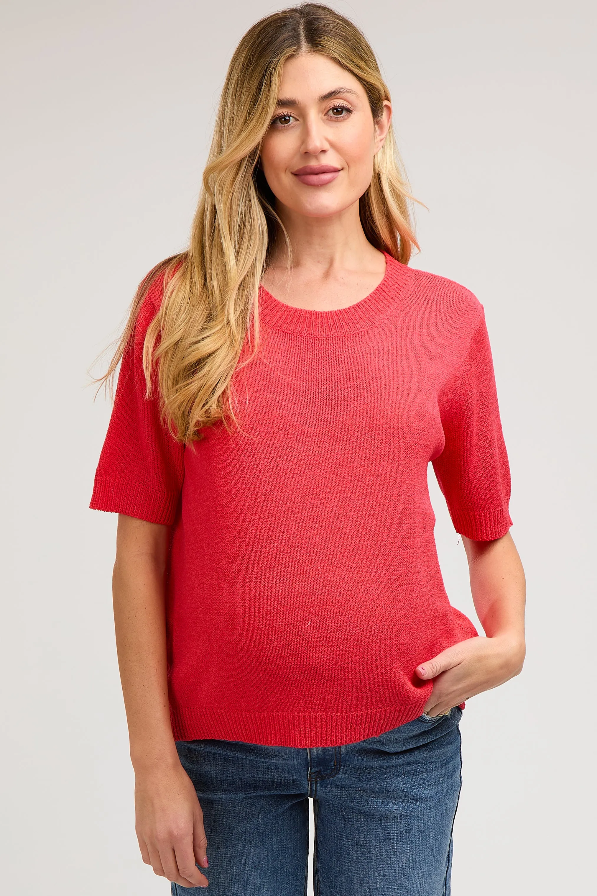 Red Knit Short Sleeve Maternity Top sold by Pinkblush