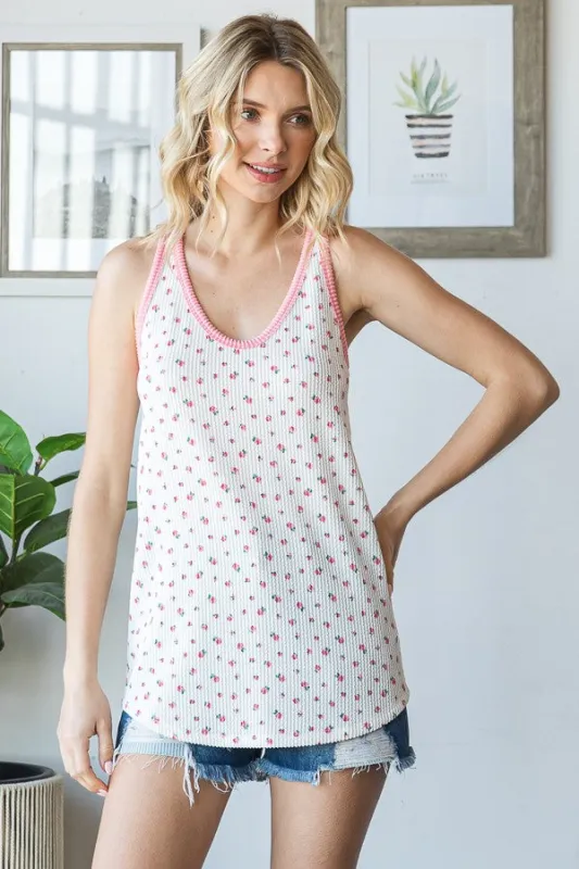 Pink Floral Ribbed Contrast Trim Tank Top sold by Pinkblush