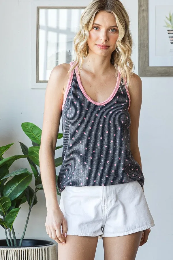 Charcoal Floral Ribbed Contrast Trim Tank Top sold by Pinkblush