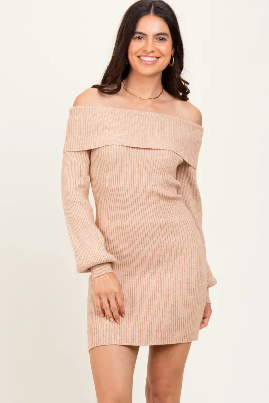 Cream Off Shoulder Balloon Sleeve Mini Sweater Dress sold by Pinkblush