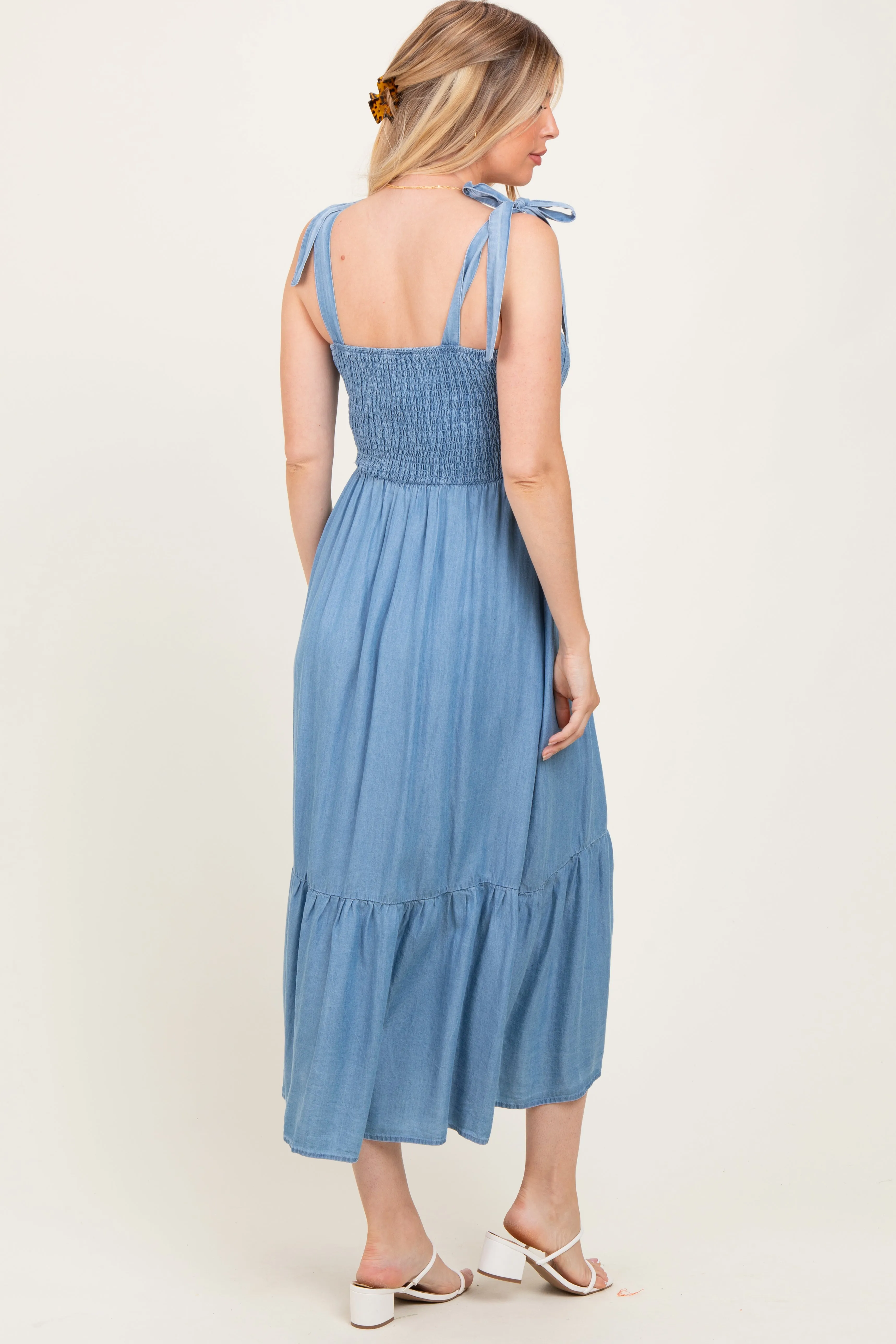 Blue Chambray Smocked Shoulder Tie Maternity Maxi Dress sold by Pinkblush product image thumbnail 4