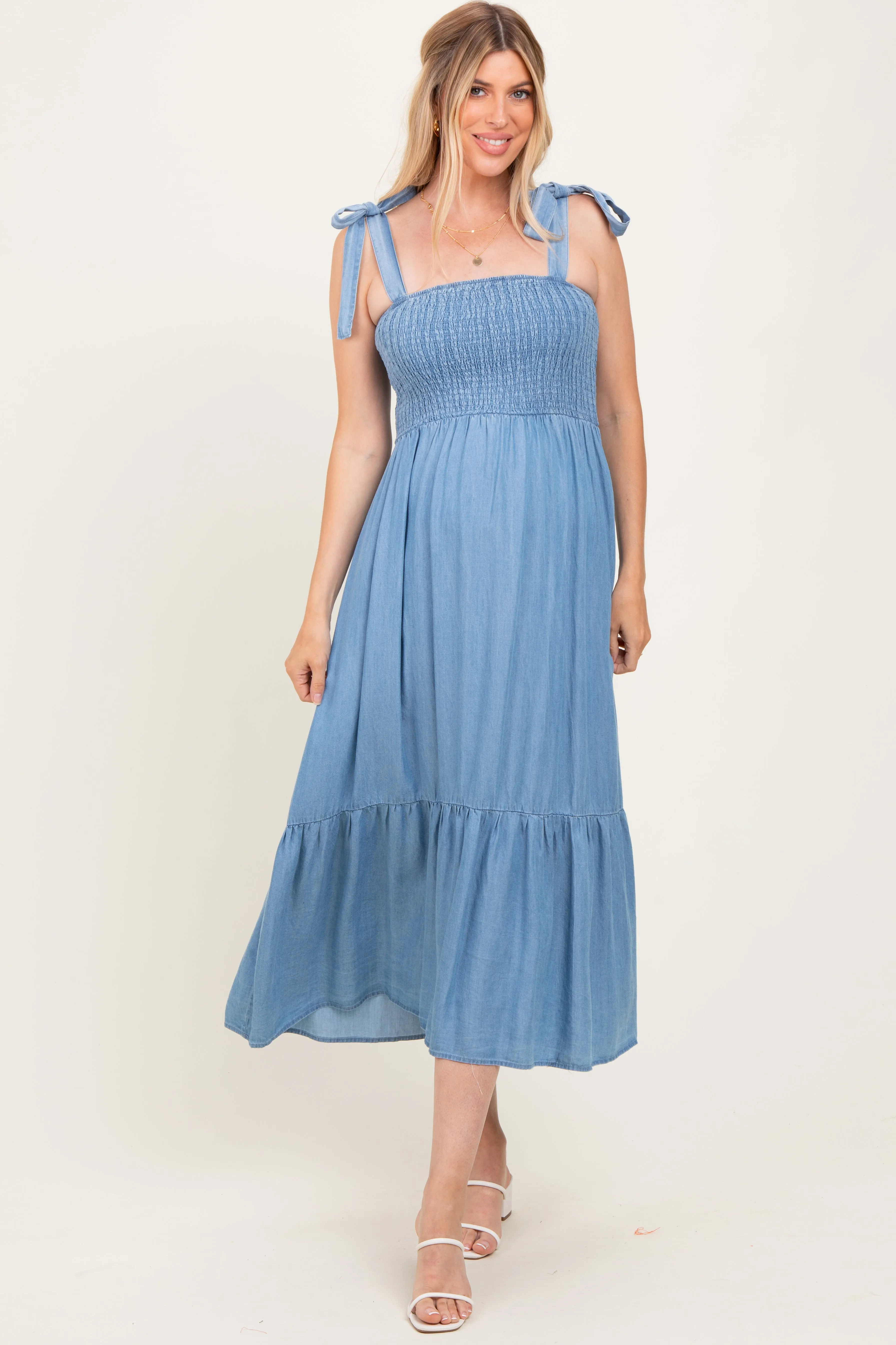 Blue Chambray Smocked Shoulder Tie Maternity Maxi Dress sold by Pinkblush
