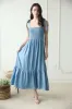 Blue Chambray Smocked Shoulder Tie Maternity Maxi Dress sold by Pinkblush
