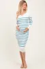 Teal Ribbed Knit Striped Long Sleeve Maternity Sweater Dress sold by Pinkblush