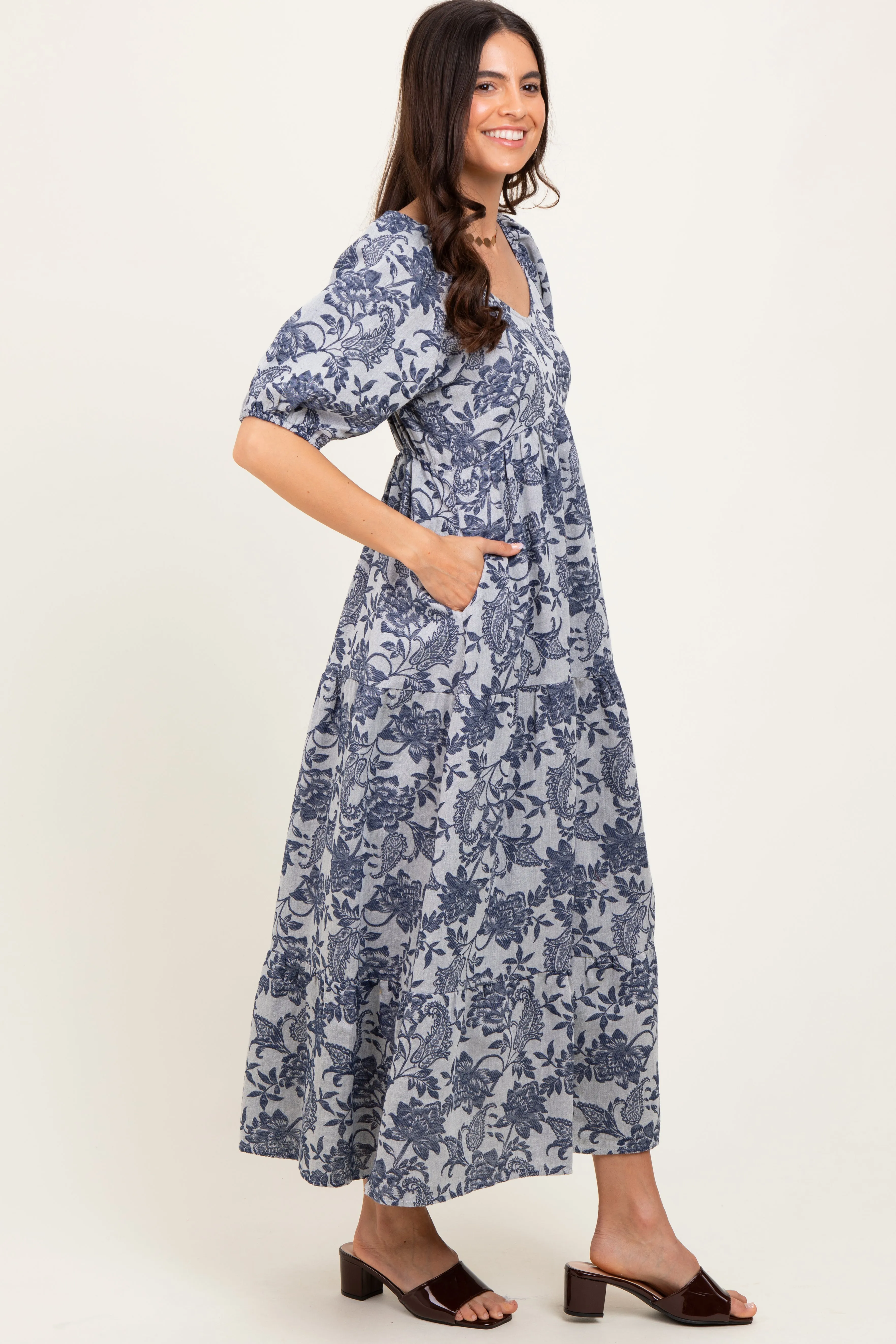 Navy Floral Tiered Puff Sleeve Midi Dress sold by Pinkblush product image thumbnail 3
