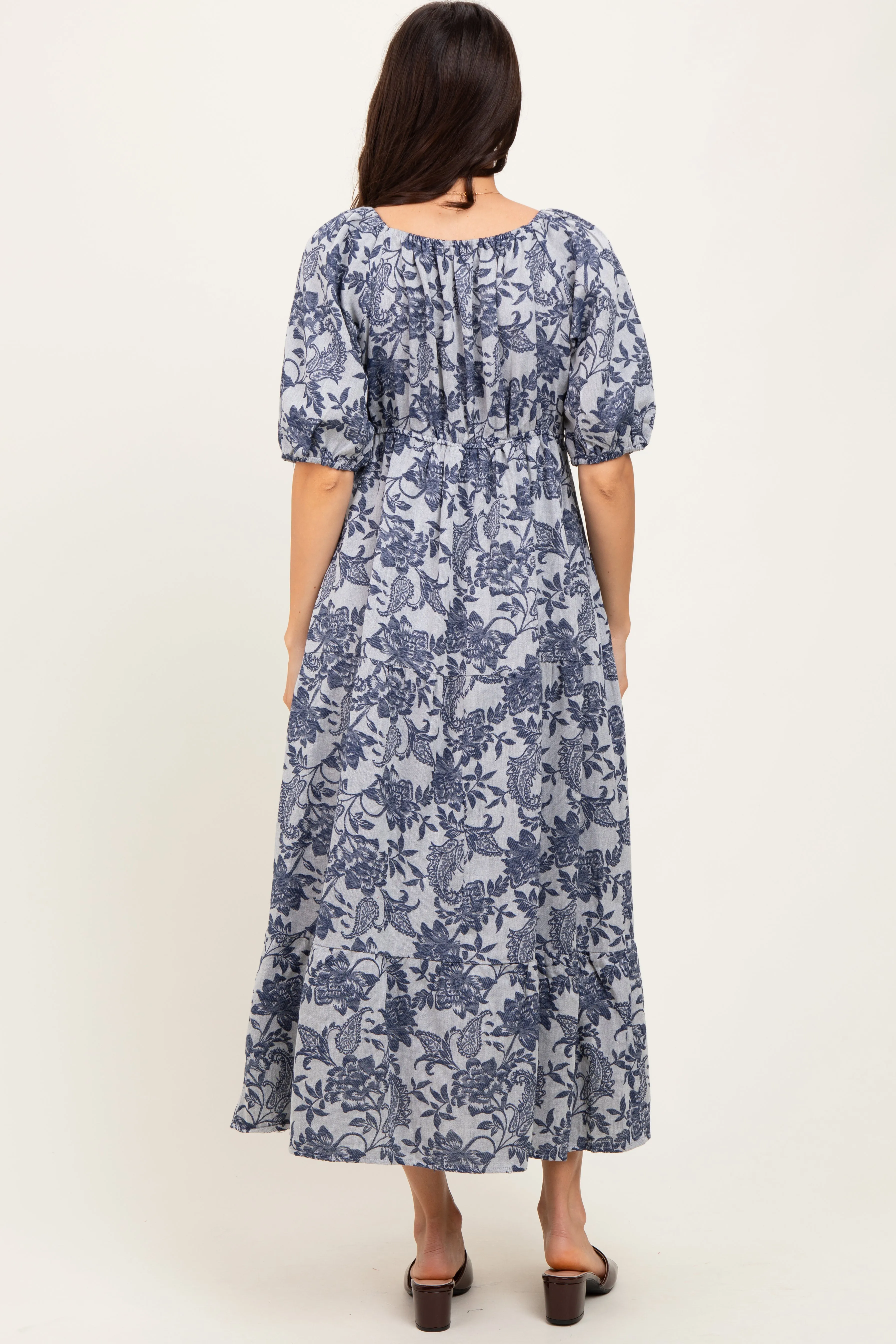 Navy Floral Tiered Puff Sleeve Midi Dress sold by Pinkblush product image thumbnail 4