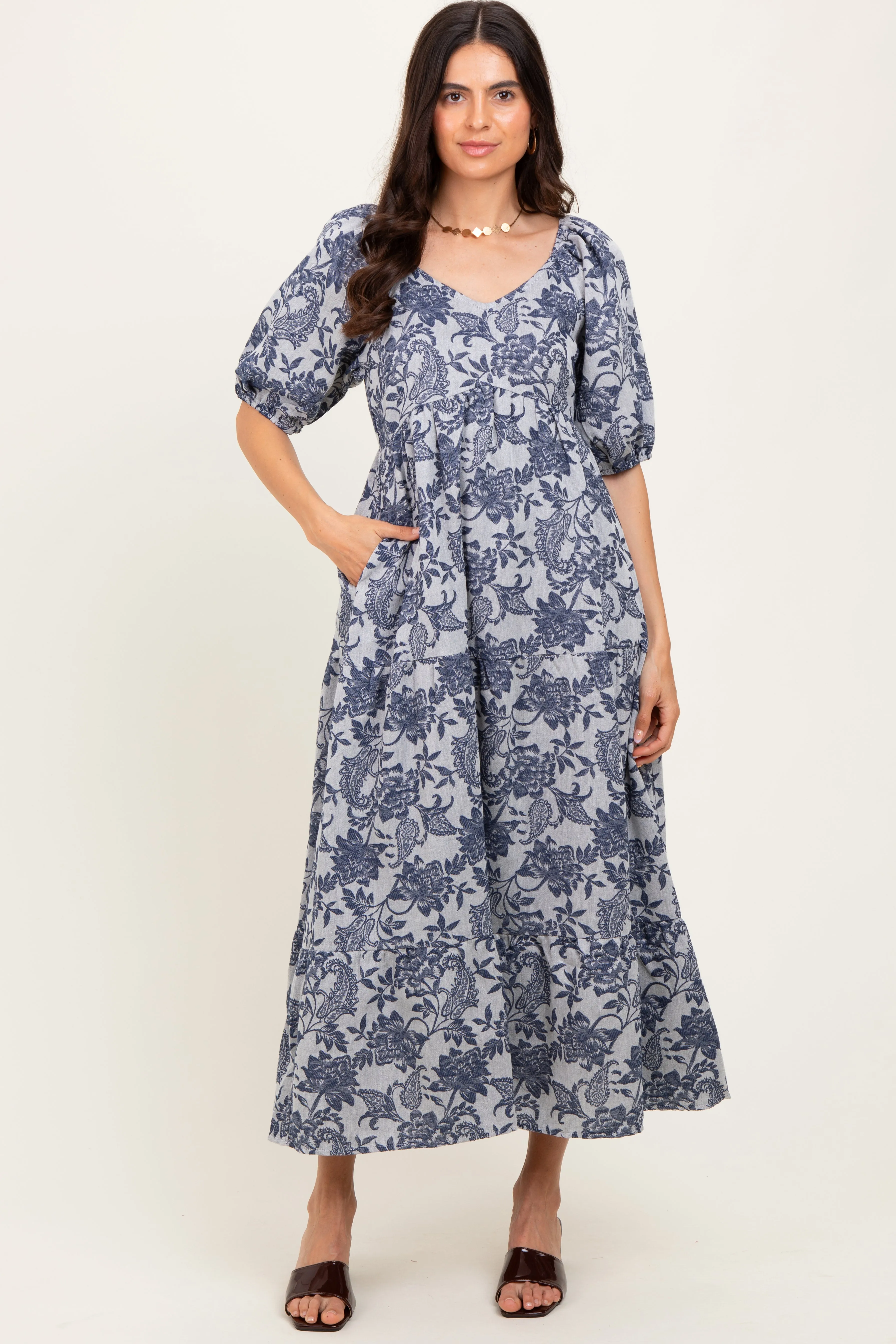 Navy Floral Tiered Puff Sleeve Midi Dress sold by Pinkblush