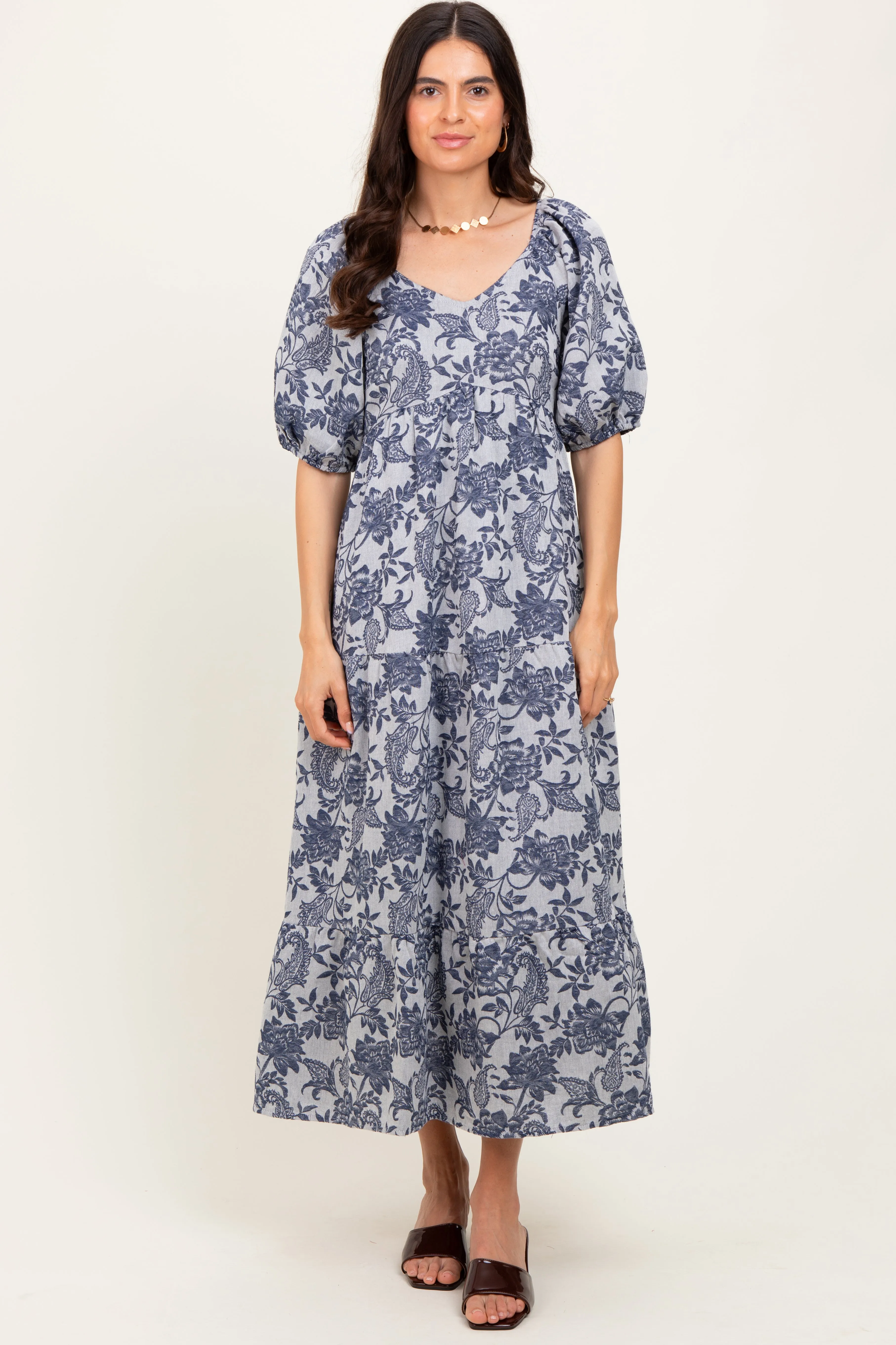 Navy Floral Tiered Puff Sleeve Midi Dress sold by Pinkblush product image thumbnail 2
