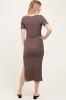 Brown Ribbed Short Sleeve Side Slit Maternity Midi Dress sold by Pinkblush