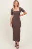 Brown Ribbed Short Sleeve Side Slit Maternity Midi Dress sold by Pinkblush