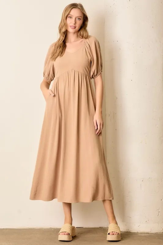 Tan Linen Short Puff Sleeve Midi Dress sold by Pinkblush