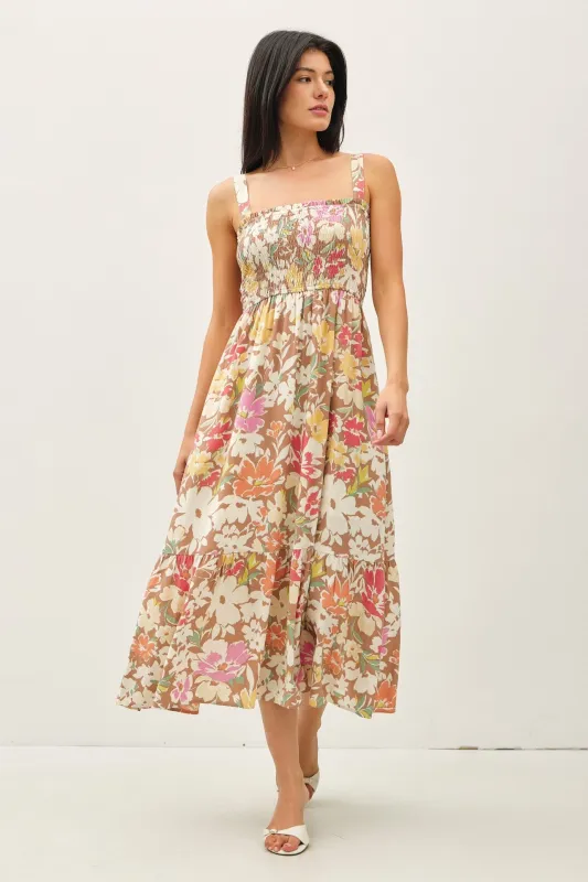 Mocha Floral Smocked Sleeveless Midi Dress sold by Pinkblush