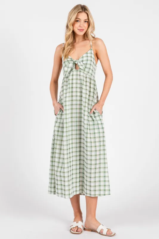 Green Checkered Plaid Front Tie Sleeveless Midi Dress sold by Pinkblush