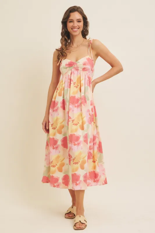 Coral Multi Floral Print Ruched Shoulder Tie Midi Dress sold by Pinkblush