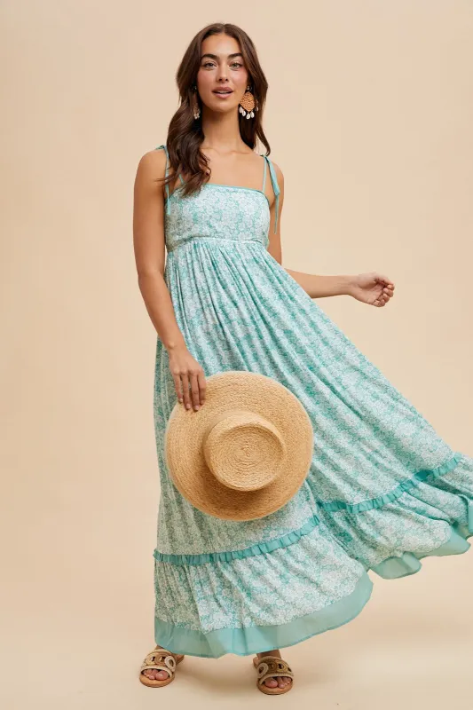 Mint Floral Shoulder Tie Maxi Dress sold by Pinkblush