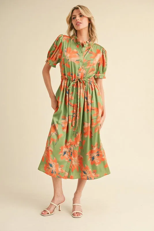 Light Olive Floral Satin Button Down Midi Dress sold by Pinkblush