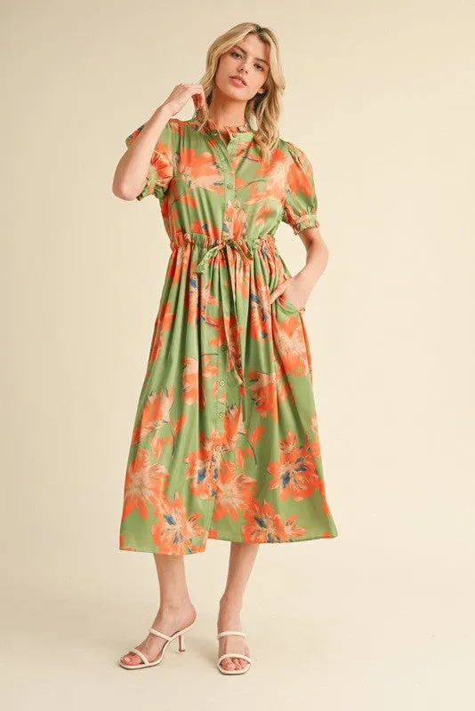 Light Olive Floral Satin Button Down Midi Dress sold by Pinkblush product image thumbnail 2