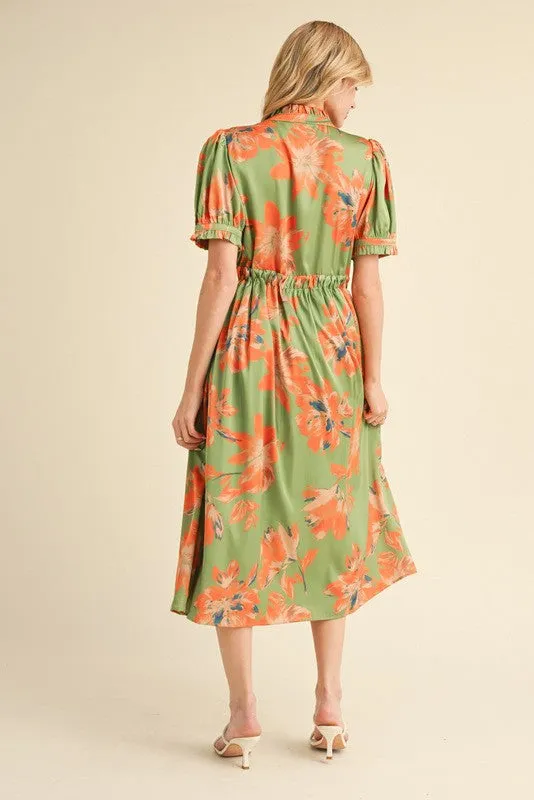 Light Olive Floral Satin Button Down Midi Dress sold by Pinkblush product image thumbnail 3