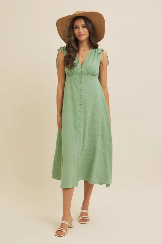Green Button-Down Polka Dot Shirred Bow Midi Dress sold by Pinkblush