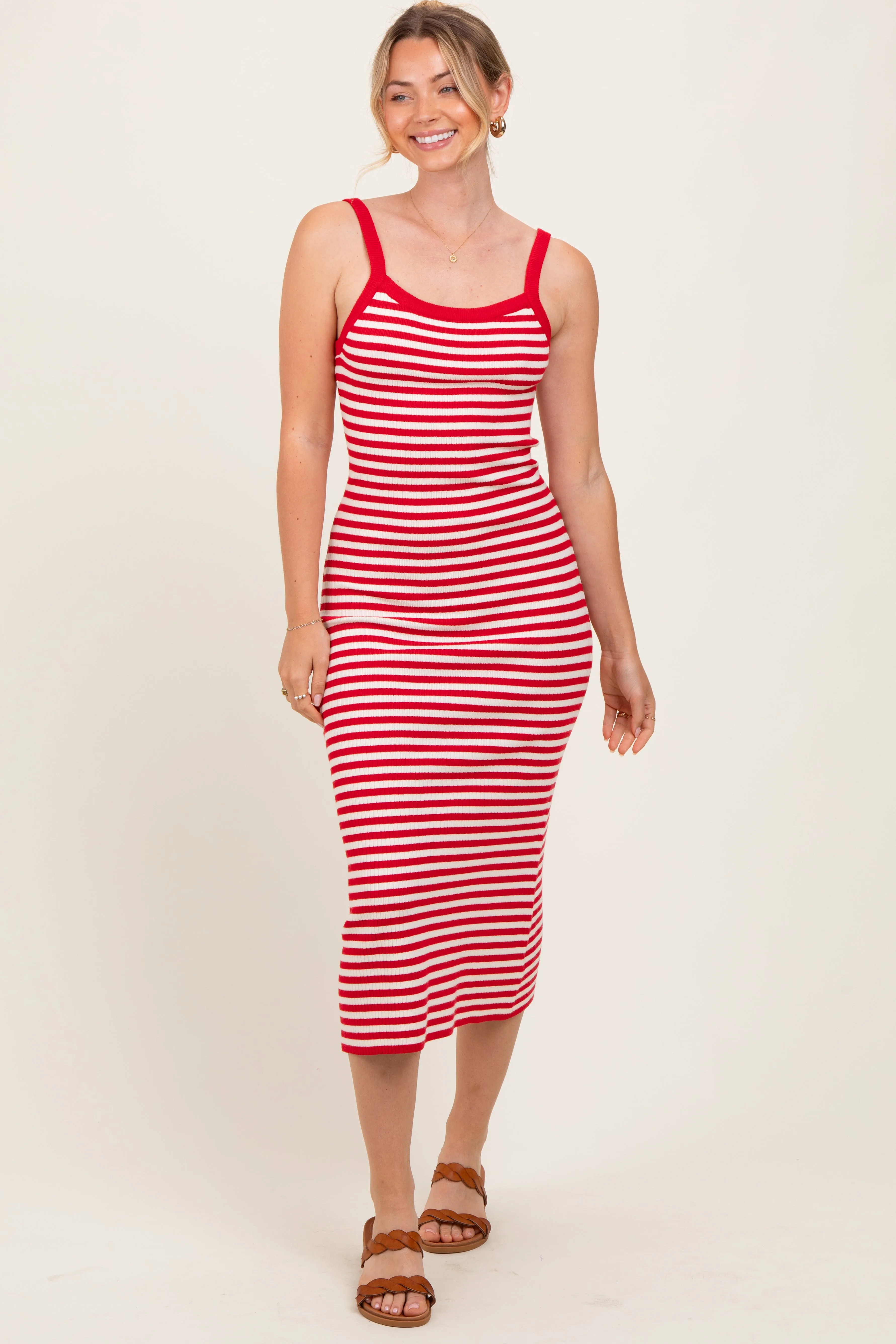 Red Striped Knit Sleeveless Maternity Midi Dress sold by Pinkblush product image thumbnail 4