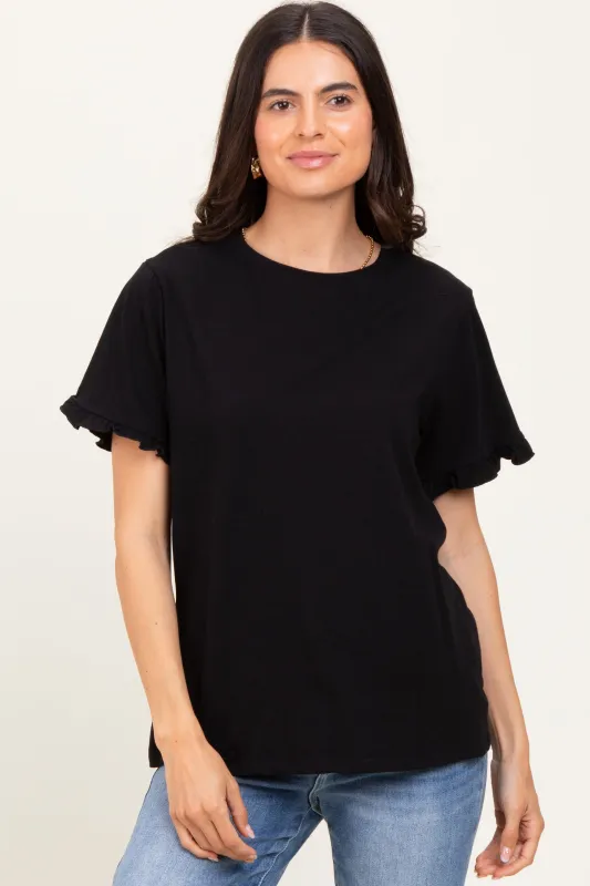 Black Ruffle Trim Short Sleeve T-Shirt sold by Pinkblush