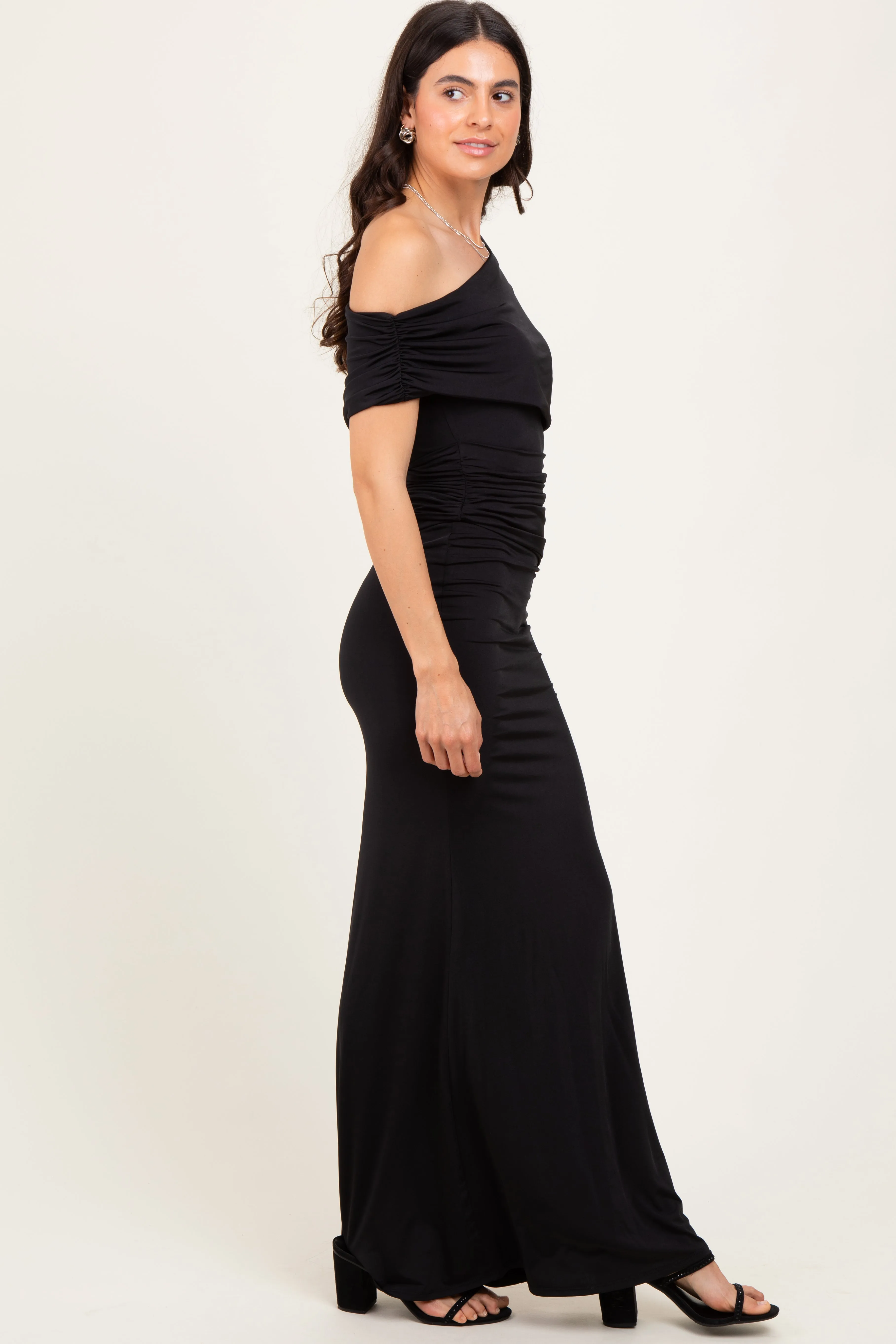 Black Off Shoulder Foldover Ruched Maxi Dress sold by Pinkblush product image thumbnail 2