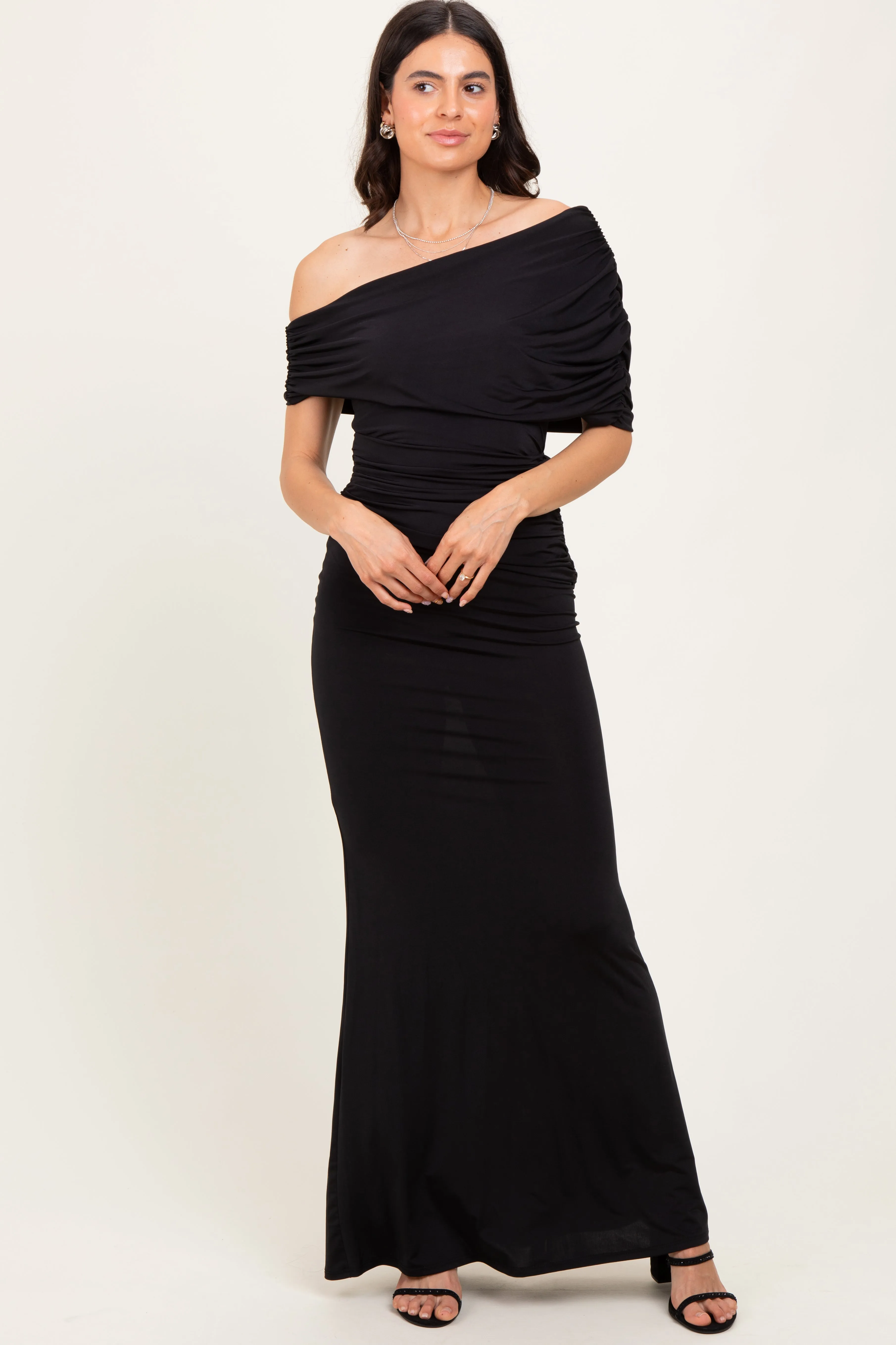 Black Off Shoulder Foldover Ruched Maxi Dress sold by Pinkblush