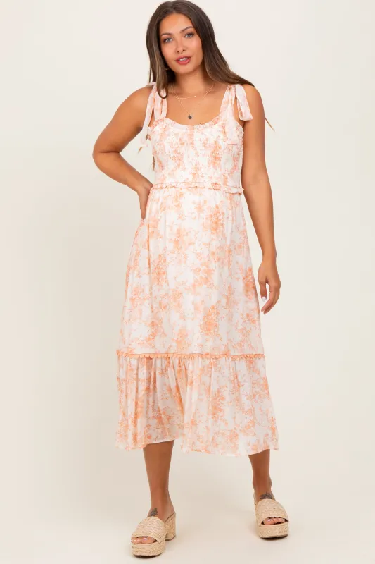 Peach Floral Smocked Shoulder Tie Maternity Midi Dress sold by Pinkblush