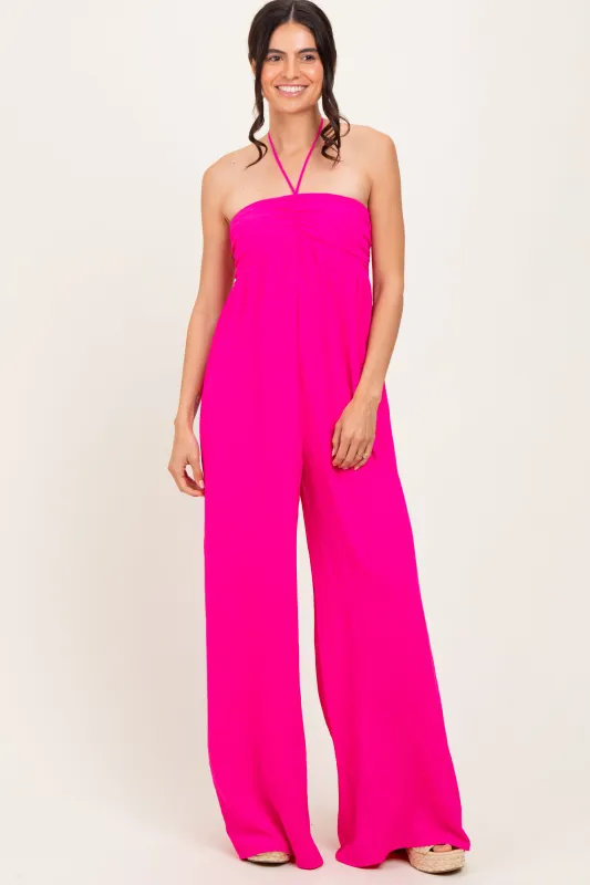 Fuchsia Halter Neck Wide Leg Jumpsuit sold by Pinkblush