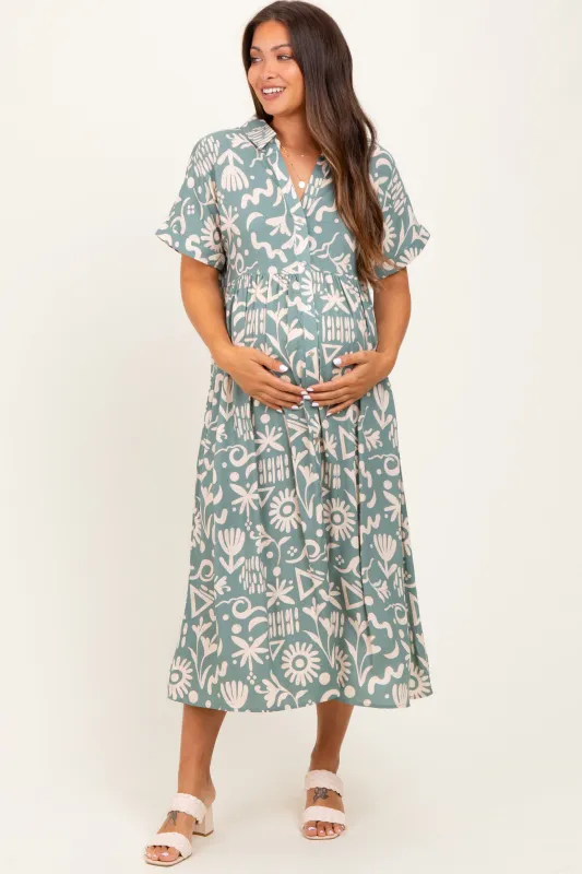 Mint Green Abstract Floral Shirt Maternity Midi Dress sold by Pinkblush