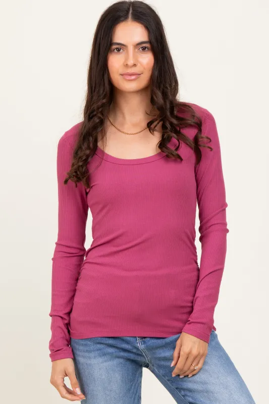 Magenta Ribbed Ruched Long Sleeve Top sold by Pinkblush