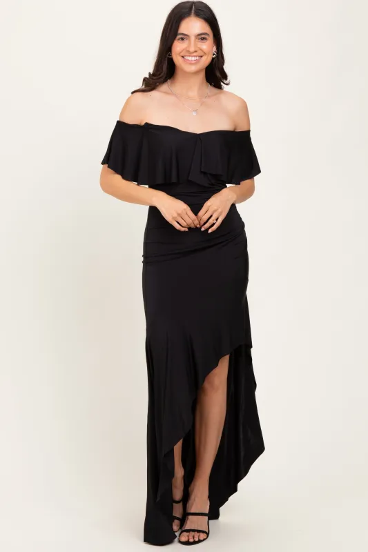 Black Off Shoulder Ruffle Hi-Low Maxi Dress sold by Pinkblush
